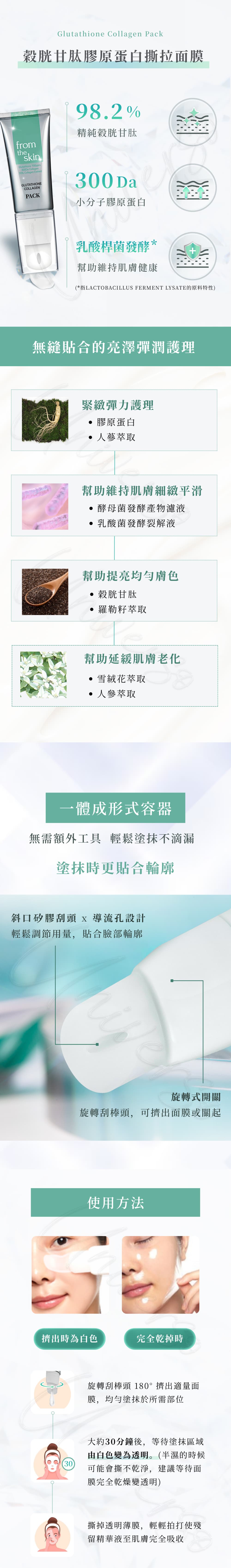 特色及使用方法-From-the-skin-穀胱甘肽膠原蛋白撕拉面膜-Glutathione-Collagen-pack-原廠授權素材-universomart-宇碩協銷有限公司